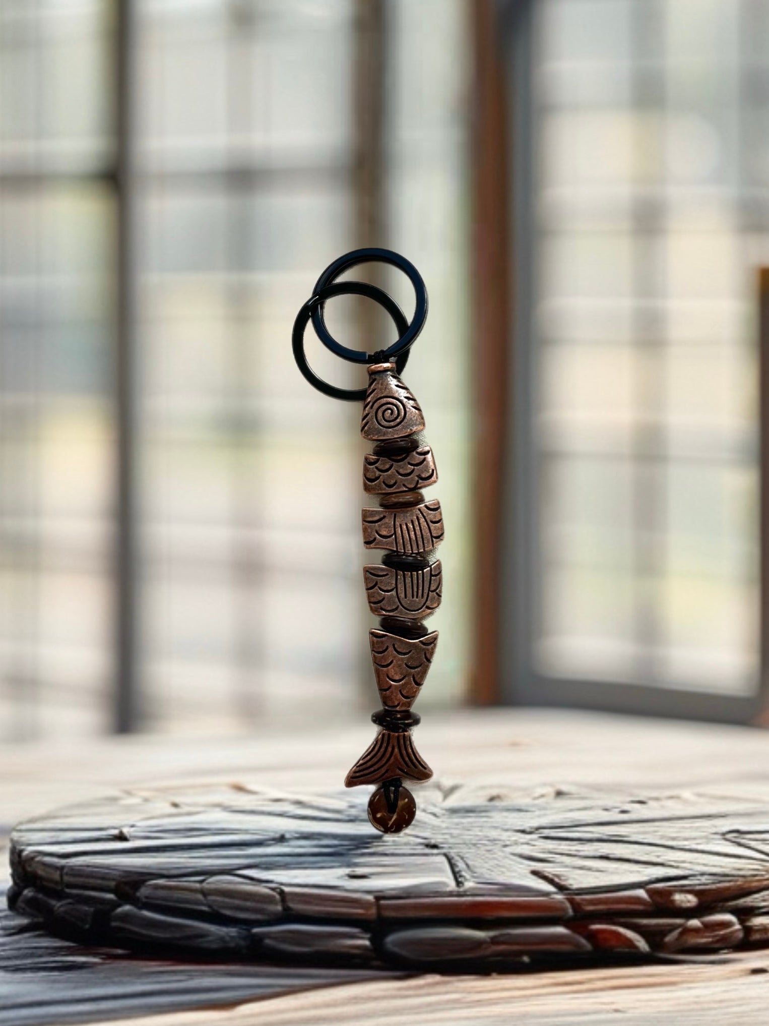 Alloy Greek Worry Fish Keychain With Coconut Discs by Kristine Keina