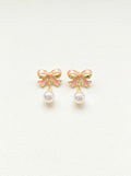 Pink Bow Imitation Pearl Drop Earrings, Alloy Enamel, 925 Sterling Silver Earring Post by Pink Shop UK
