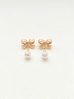 Pink Bow Imitation Pearl Drop Earrings, Alloy Enamel, 925 Sterling Silver Earring Post by Pink Shop UK