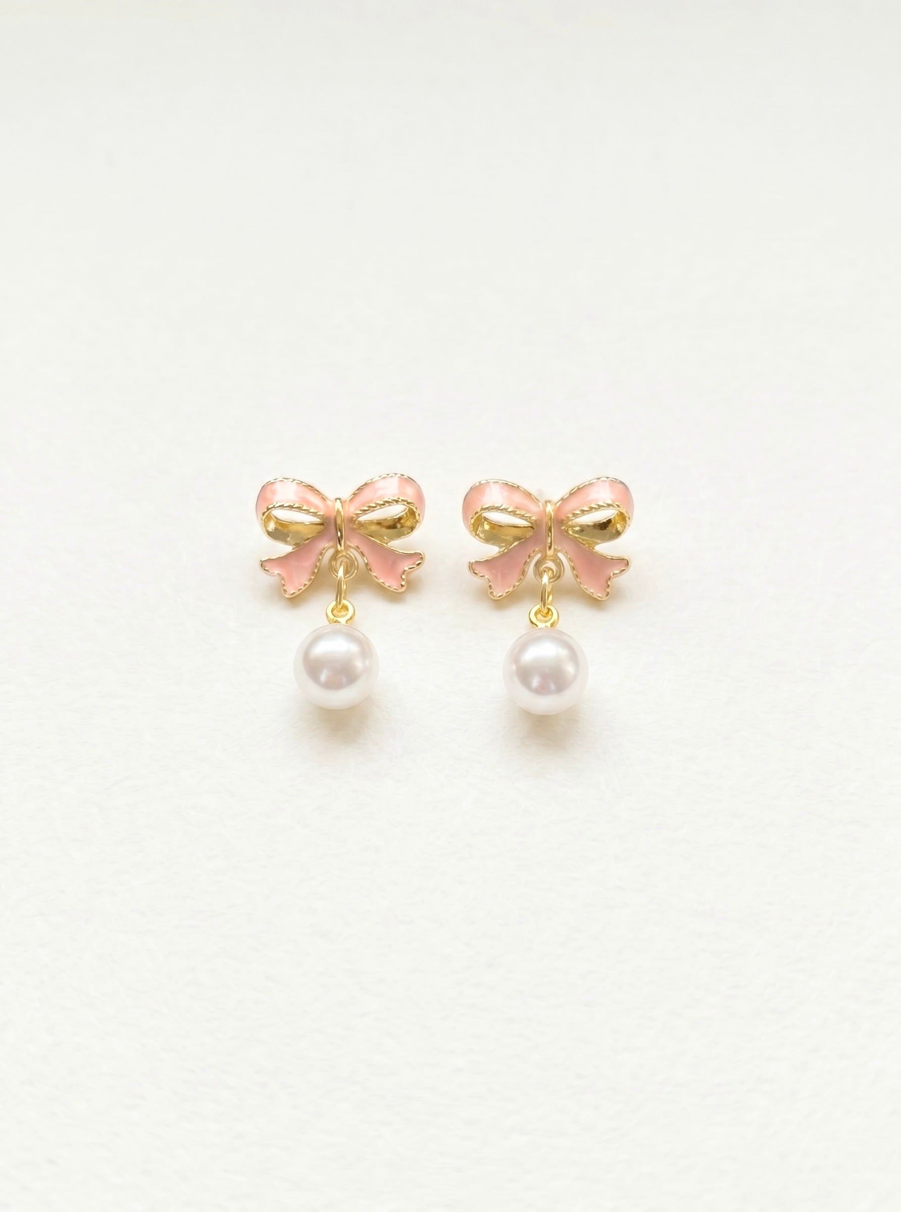 Pink Bow Imitation Pearl Drop Earrings, Alloy Enamel, 925 Sterling Silver Earring Post by Pink Shop UK
