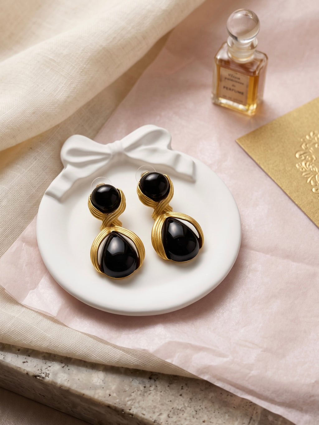 Vintage Black Onyx Style Drop Earrings • Gold Plated • 925 Silver Posts • 4.5 cm x 2.8 cm