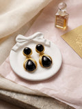 Vintage Black Onyx Style Drop Earrings • Gold Plated • 925 Silver Posts • 4.5 cm x 2.8 cm