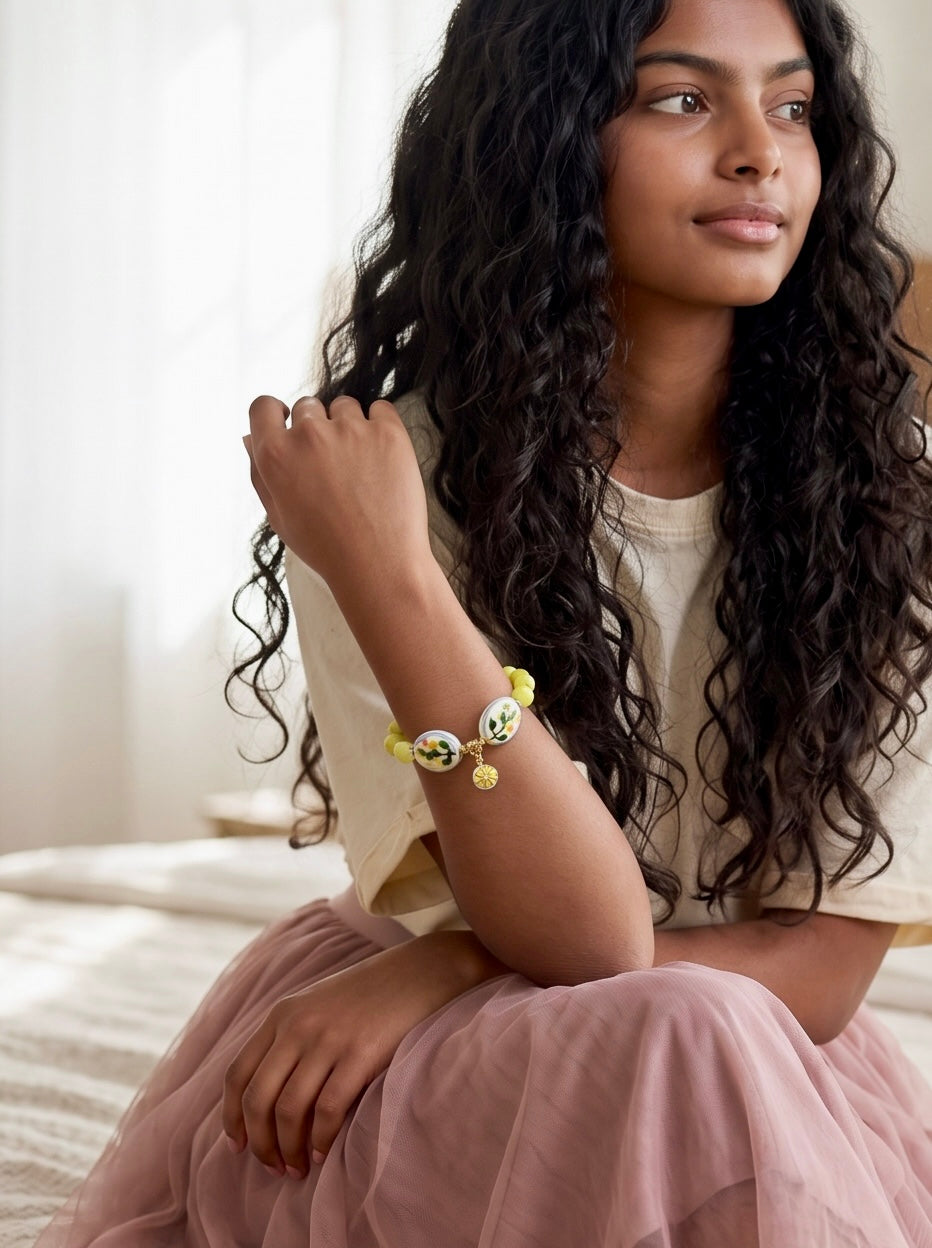 Lemon Bliss- Natural Lemon Jade & Hand-Painted Porcelain Oval Bead Bracelet with Alloy Lemon Pendant Handcrafted by Artist Kristine Keina