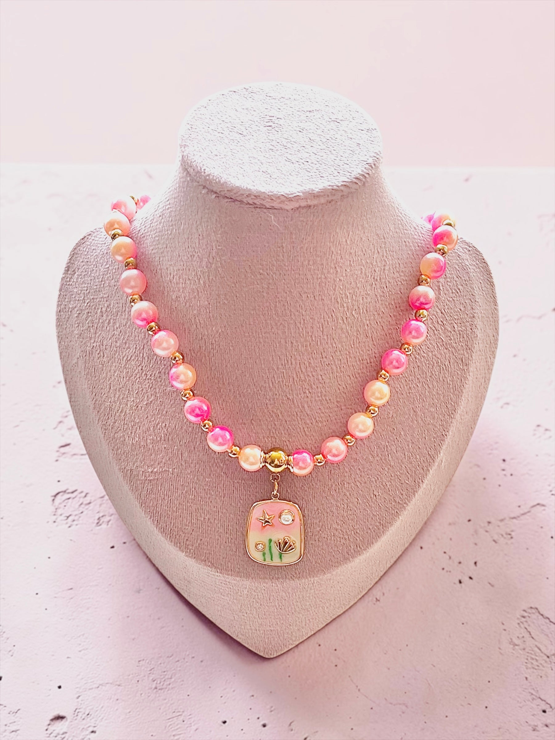 Rainbow Gradient Mermaid Imitation Pearl With 18K Gold Plated Enamel Pedant Young Ladies Necklace