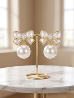 Elegant Bowknot & Pearl Drop Earrings – 925 Sterling Silver Posts by Pink Shop UK
