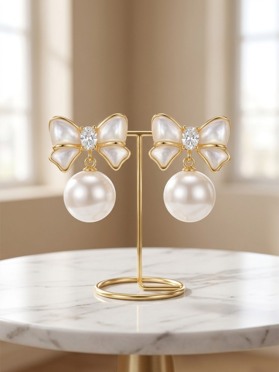 Elegant Bowknot & Pearl Drop Earrings – 925 Sterling Silver Posts by Pink Shop UK