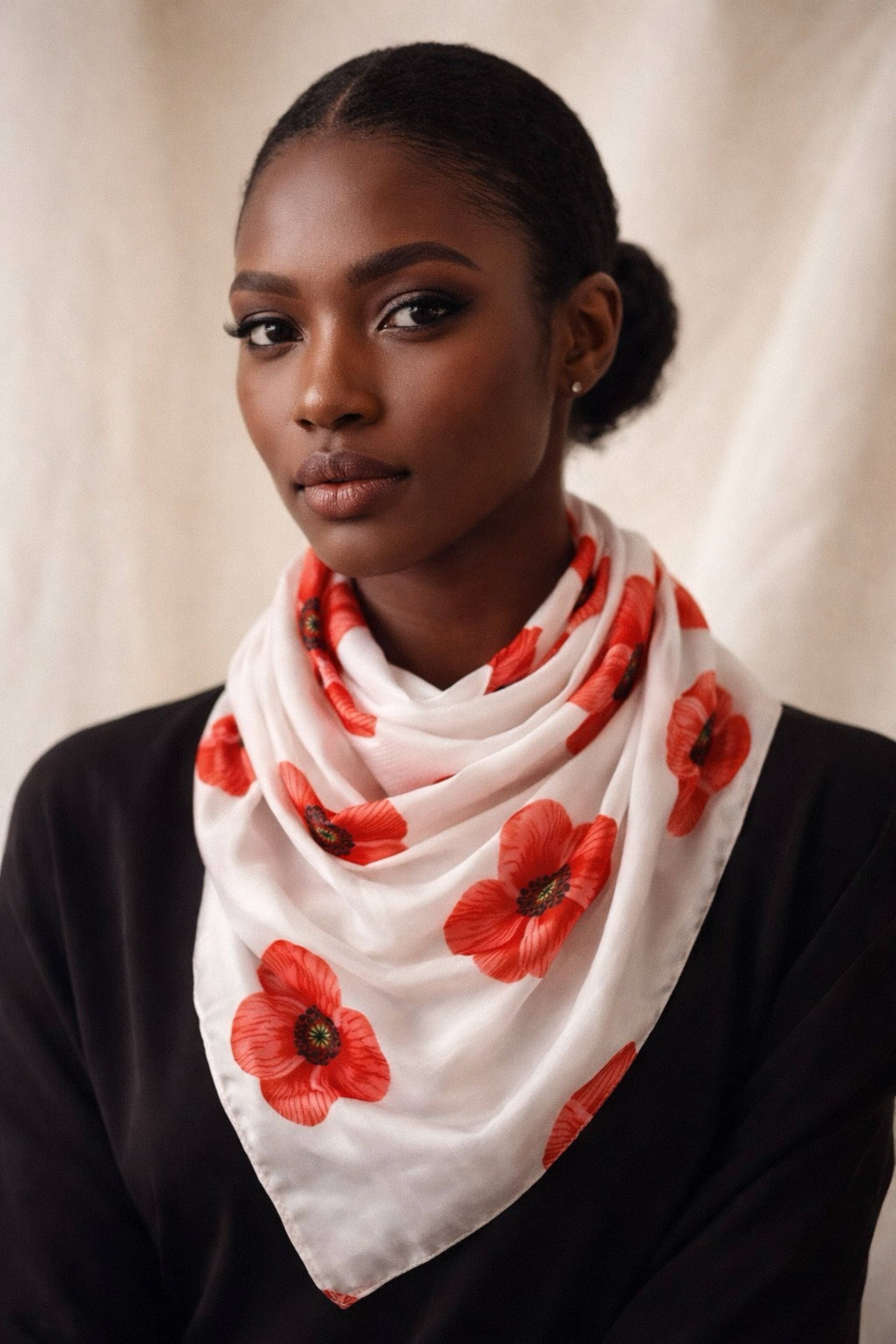 Poppy Flower Print on Lightweight Cotton Blend Scarf in White by London Scarves