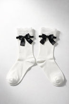 White Cotton Lace Trim With Black Butterfly Knot Socks
