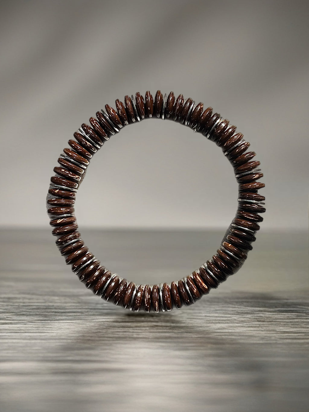 Men’s Polished Coconut Disks With Alloy Discs Bracelet Handcrafted by Artist Kristine Keina