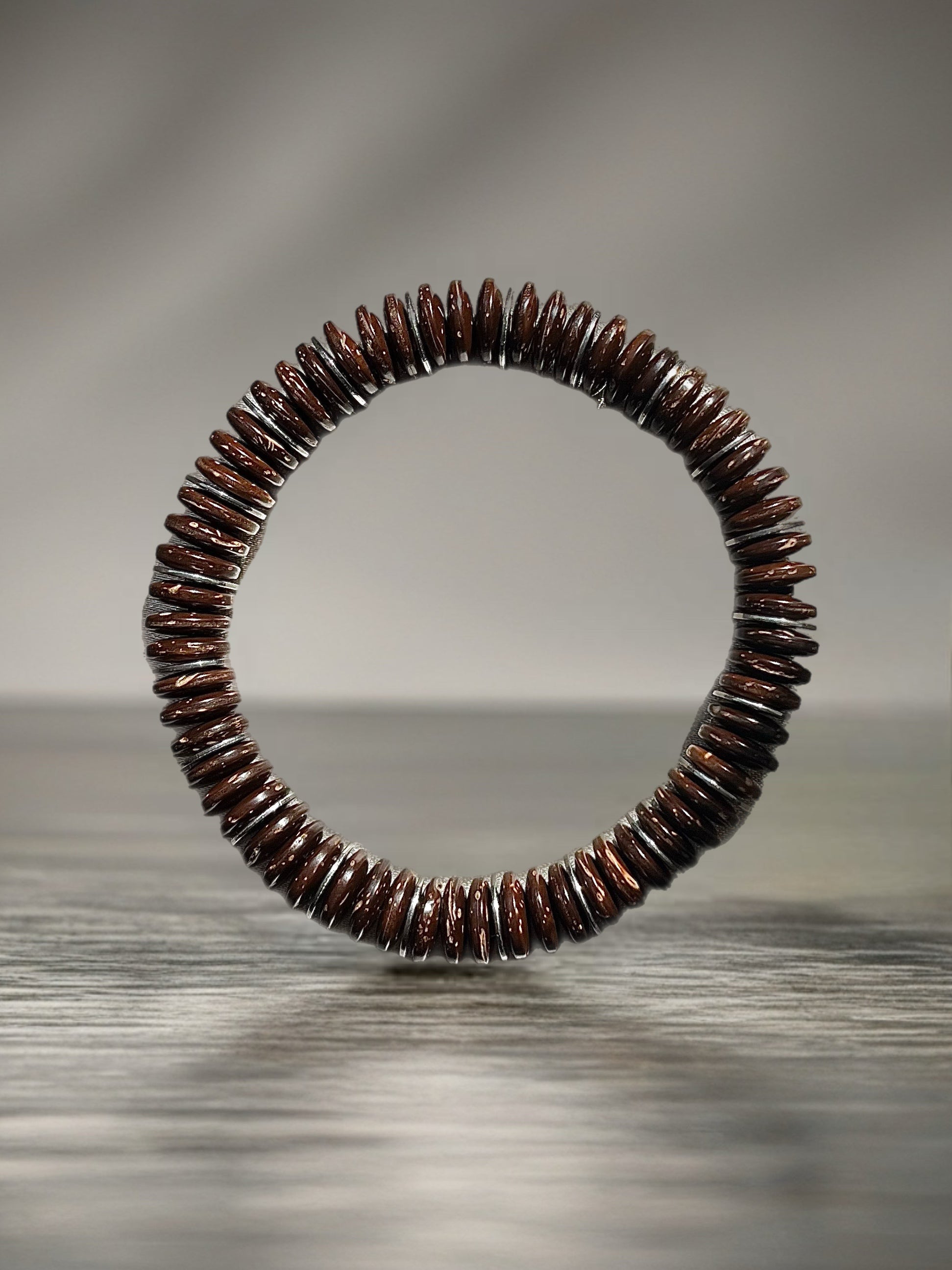 Men’s Polished Coconut Disks With Alloy Discs Bracelet Handcrafted by Artist Kristine Keina