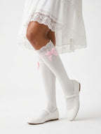White Cotton Lace Trim Pink Butterfly Knot Mid-Calf socks