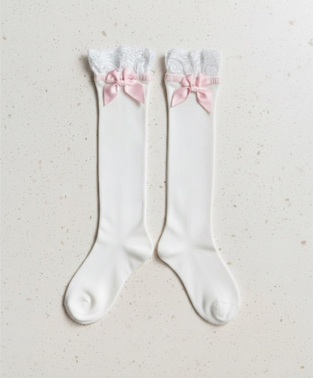 White Cotton Lace Trim Pink Butterfly Knot Mid-Calf socks