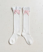 White Cotton Lace Trim Pink Butterfly Knot Mid-Calf socks
