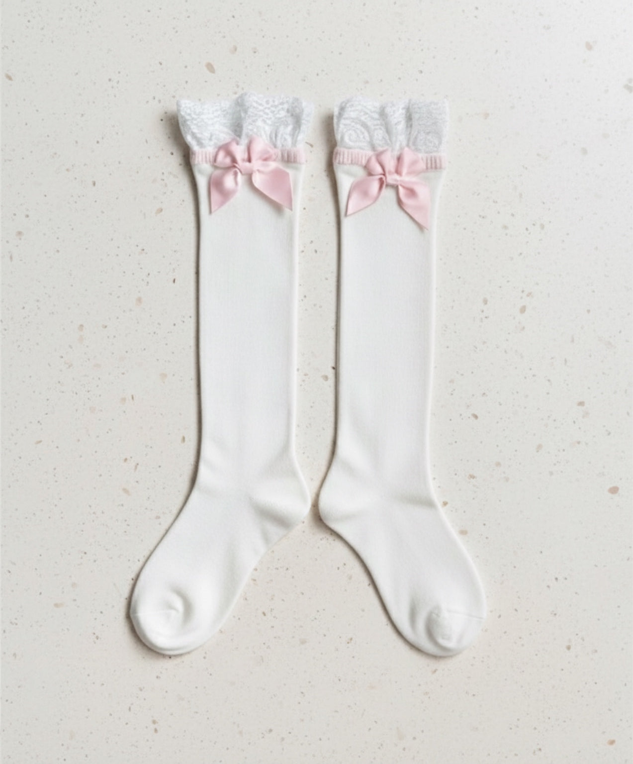 White Cotton Lace Trim Pink Butterfly Knot Mid-Calf socks