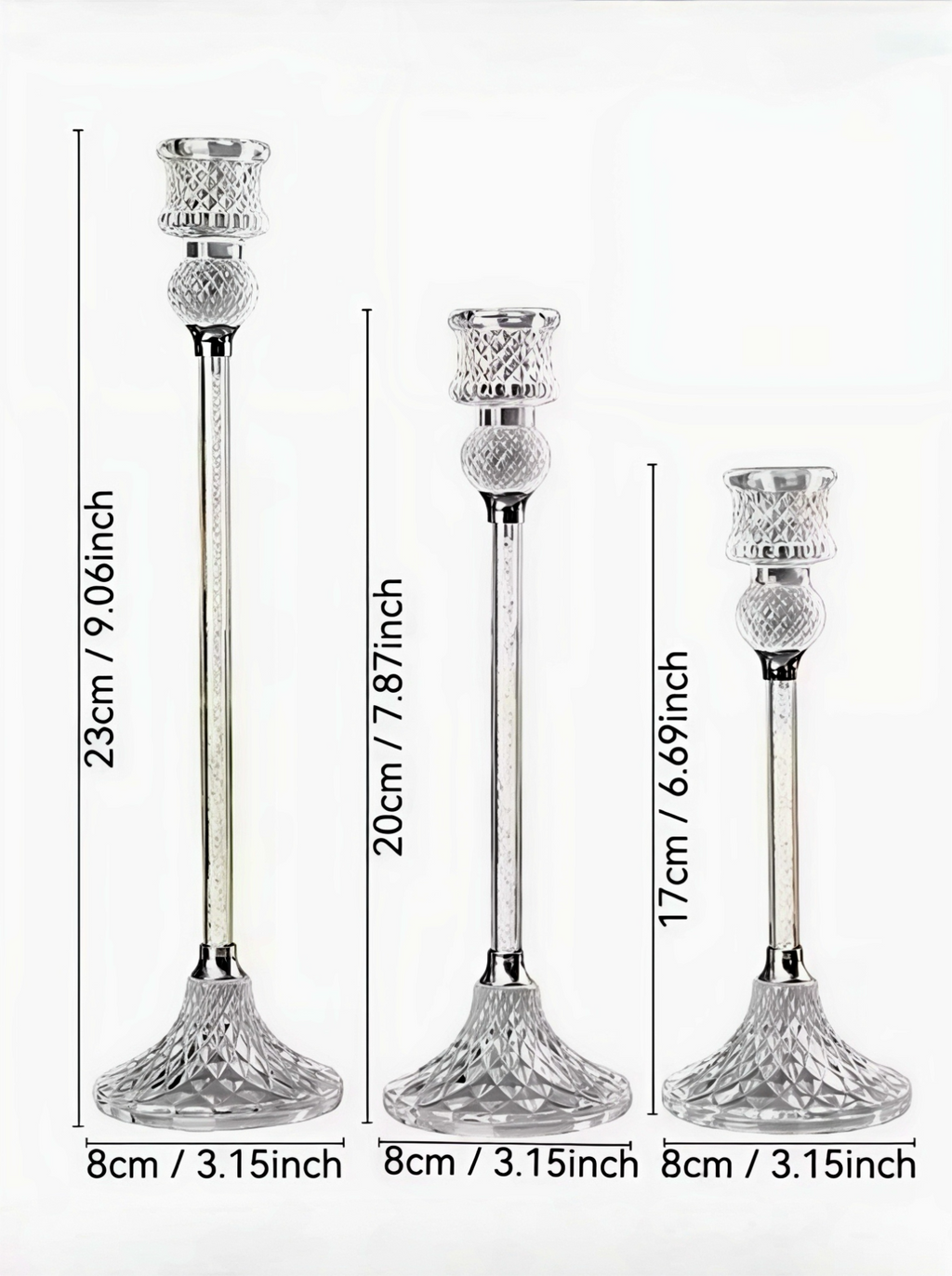 3pcs Set of Slender Crystal Glass Candle Holders, Dining Table Candle Holders