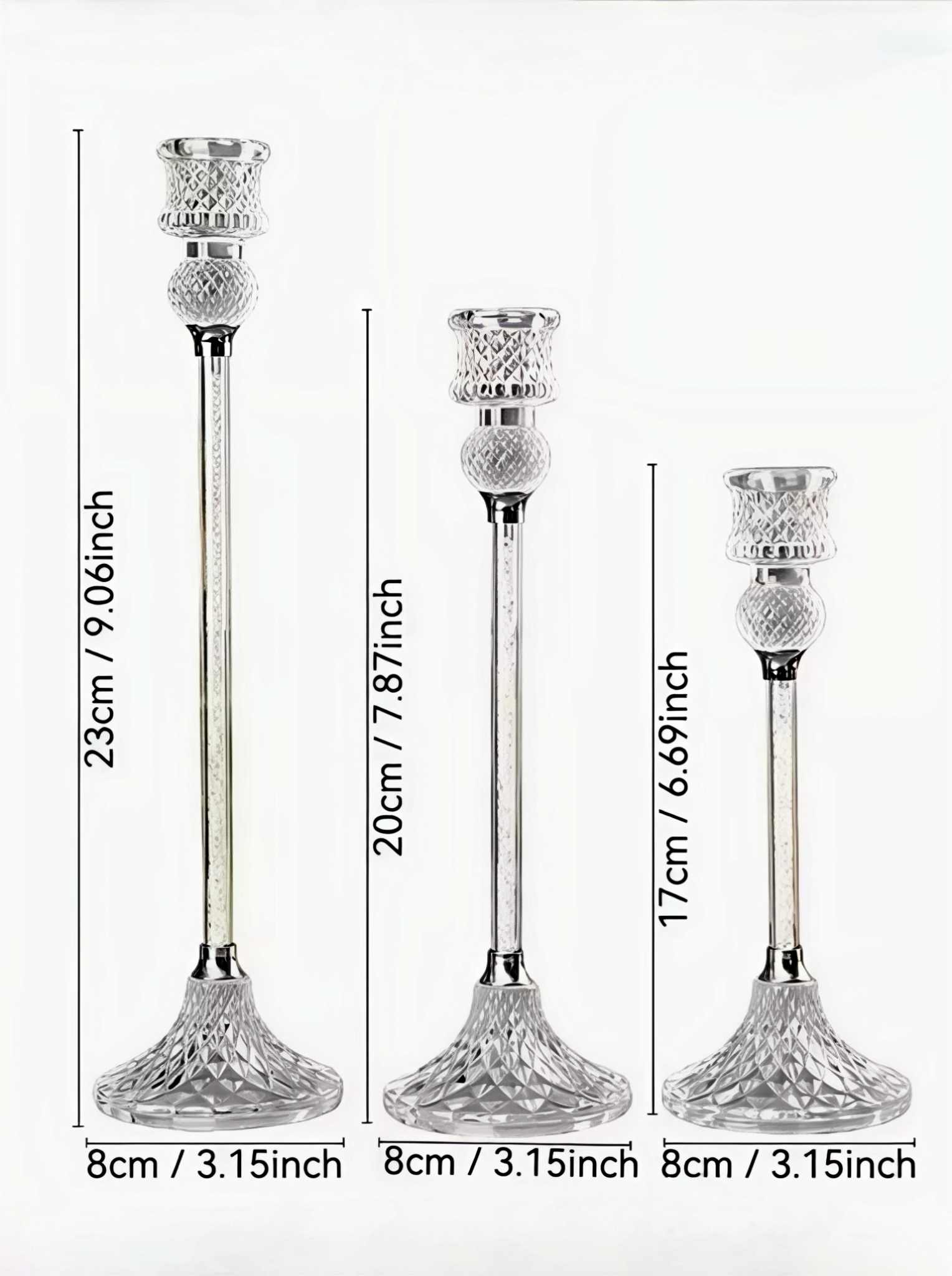 3pcs Set of Slender Crystal Glass Candle Holders, Dining Table Candle Holders