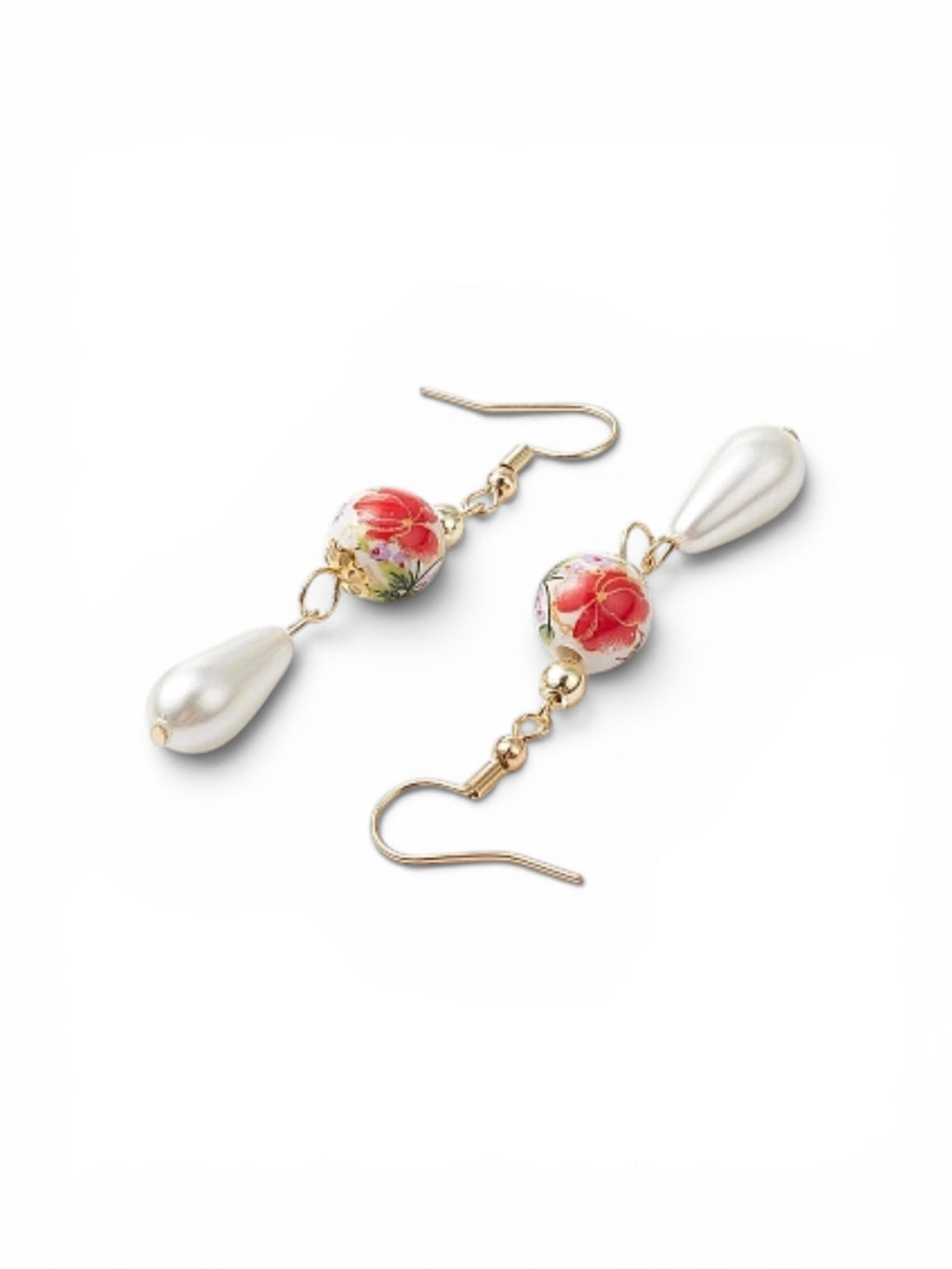 Round With Flower Pattern Porcelain Dangle Hooks, With Imitation Pearl Teardrops