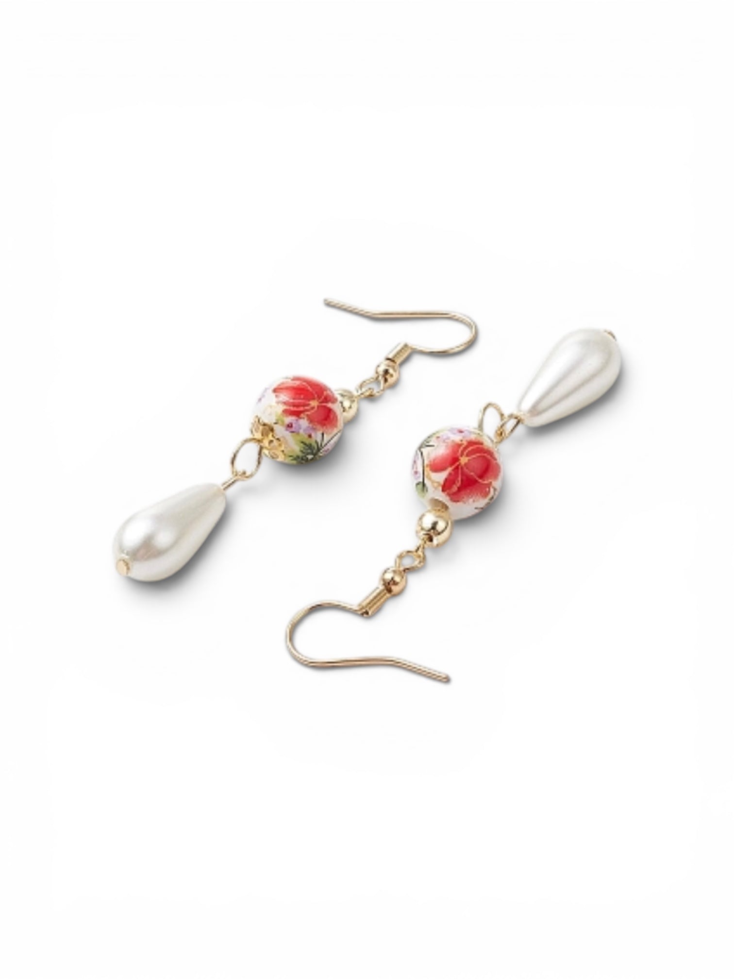 Round With Flower Pattern Porcelain Dangle Hooks, With Imitation Pearl Teardrops