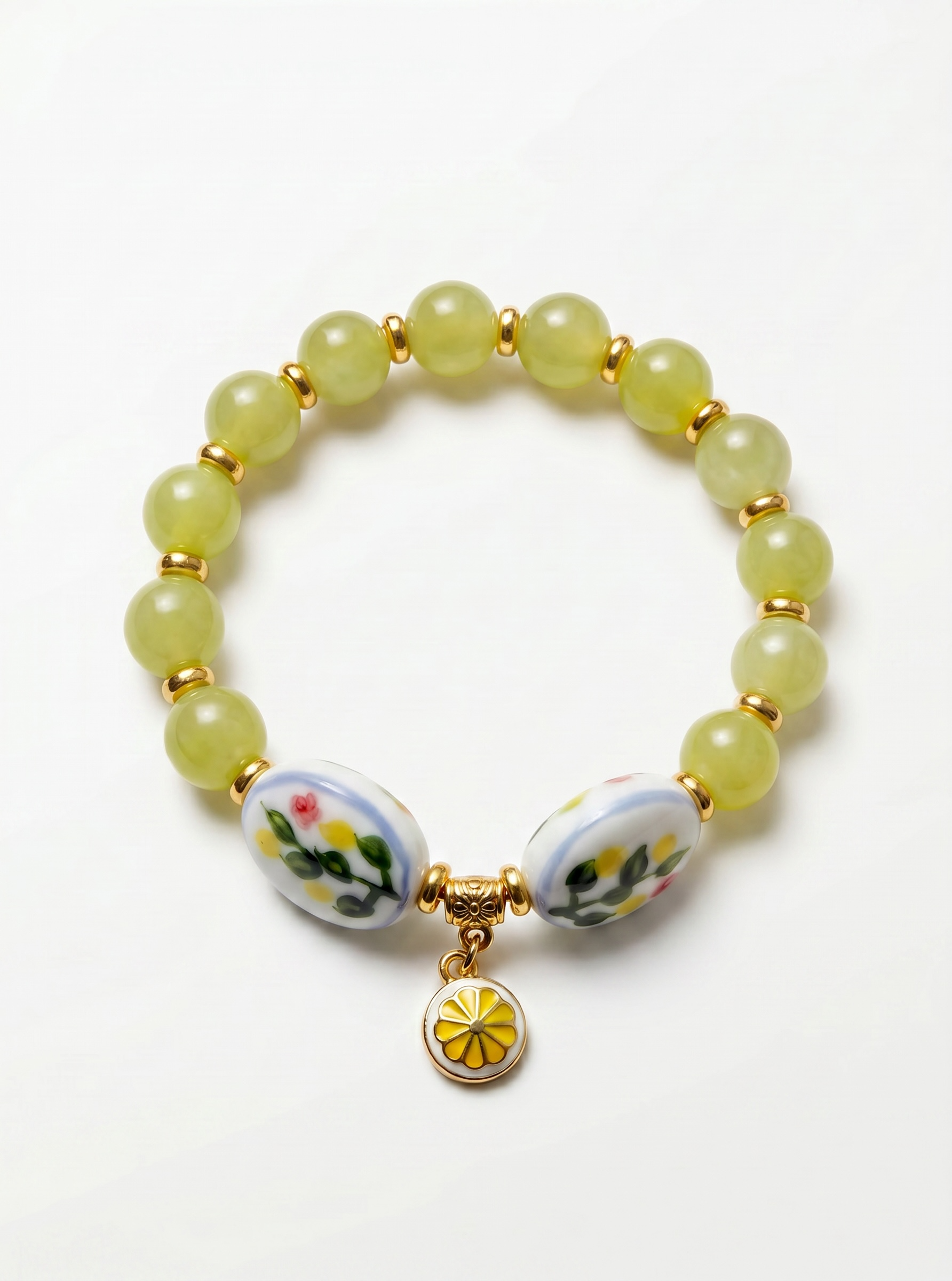 Lemon Bliss- Natural Lemon Jade & Hand-Painted Porcelain Oval Bead Bracelet with Alloy Lemon Pendant Handcrafted by Artist Kristine Keina