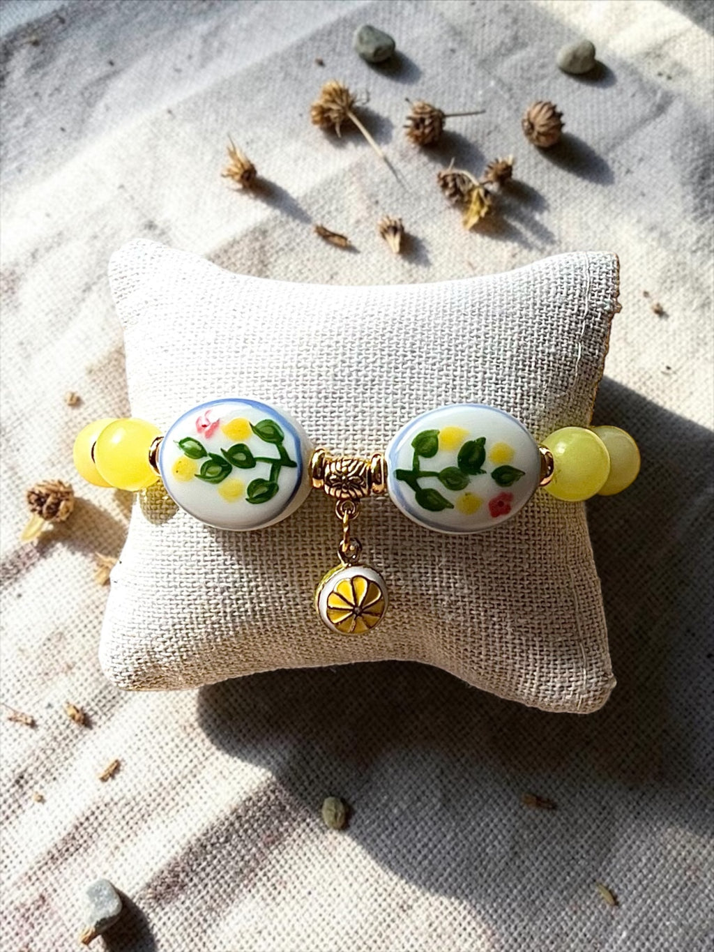 Lemon Bliss- Natural Lemon Jade & Hand-Painted Porcelain Oval Bead Bracelet with Alloy Lemon Pendant Handcrafted by Artist Kristine Keina