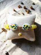 Lemon Bliss- Natural Lemon Jade & Hand-Painted Porcelain Oval Bead Bracelet with Alloy Lemon Pendant Handcrafted by Artist Kristine Keina