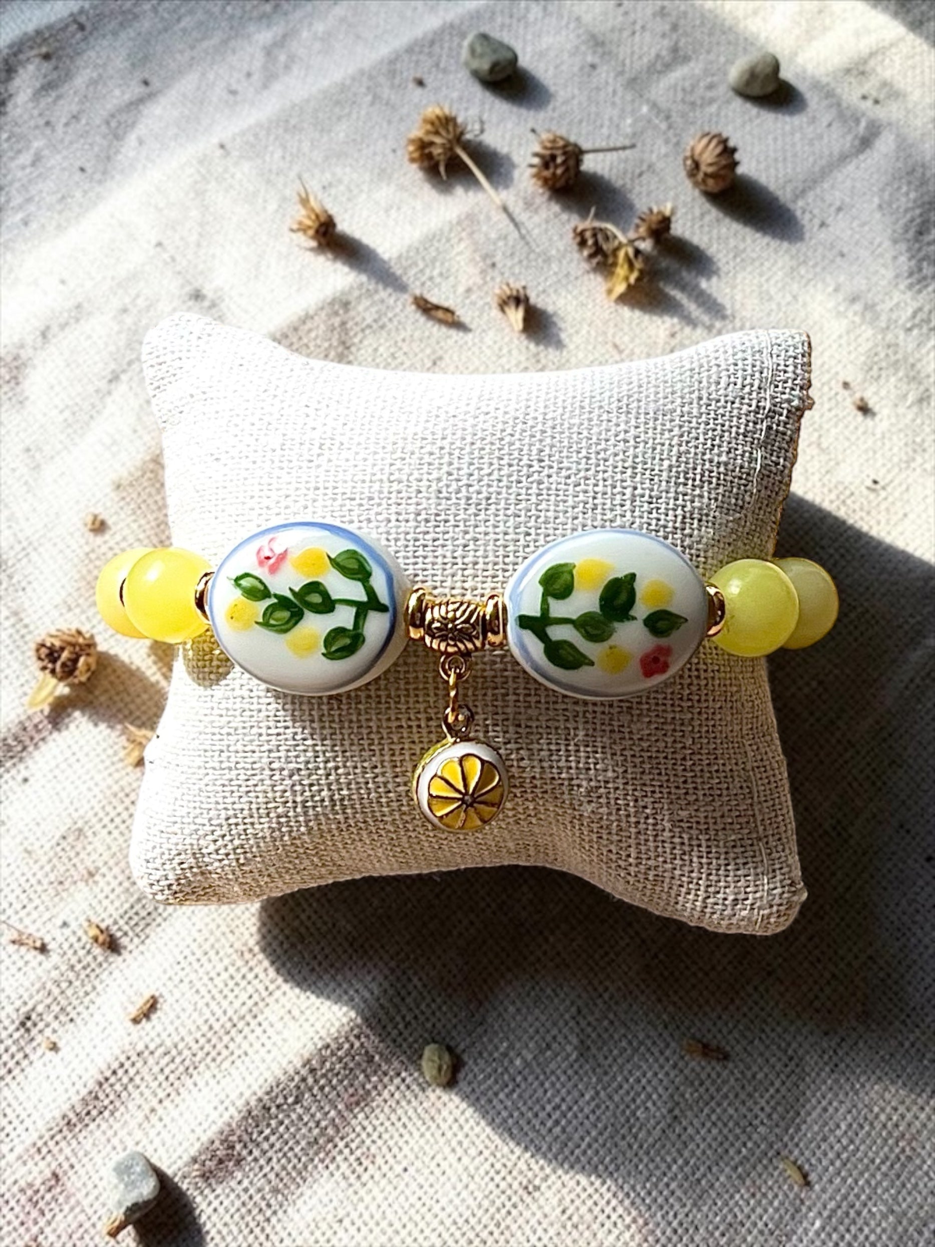 Lemon Bliss- Natural Lemon Jade & Hand-Painted Porcelain Oval Bead Bracelet with Alloy Lemon Pendant Handcrafted by Artist Kristine Keina