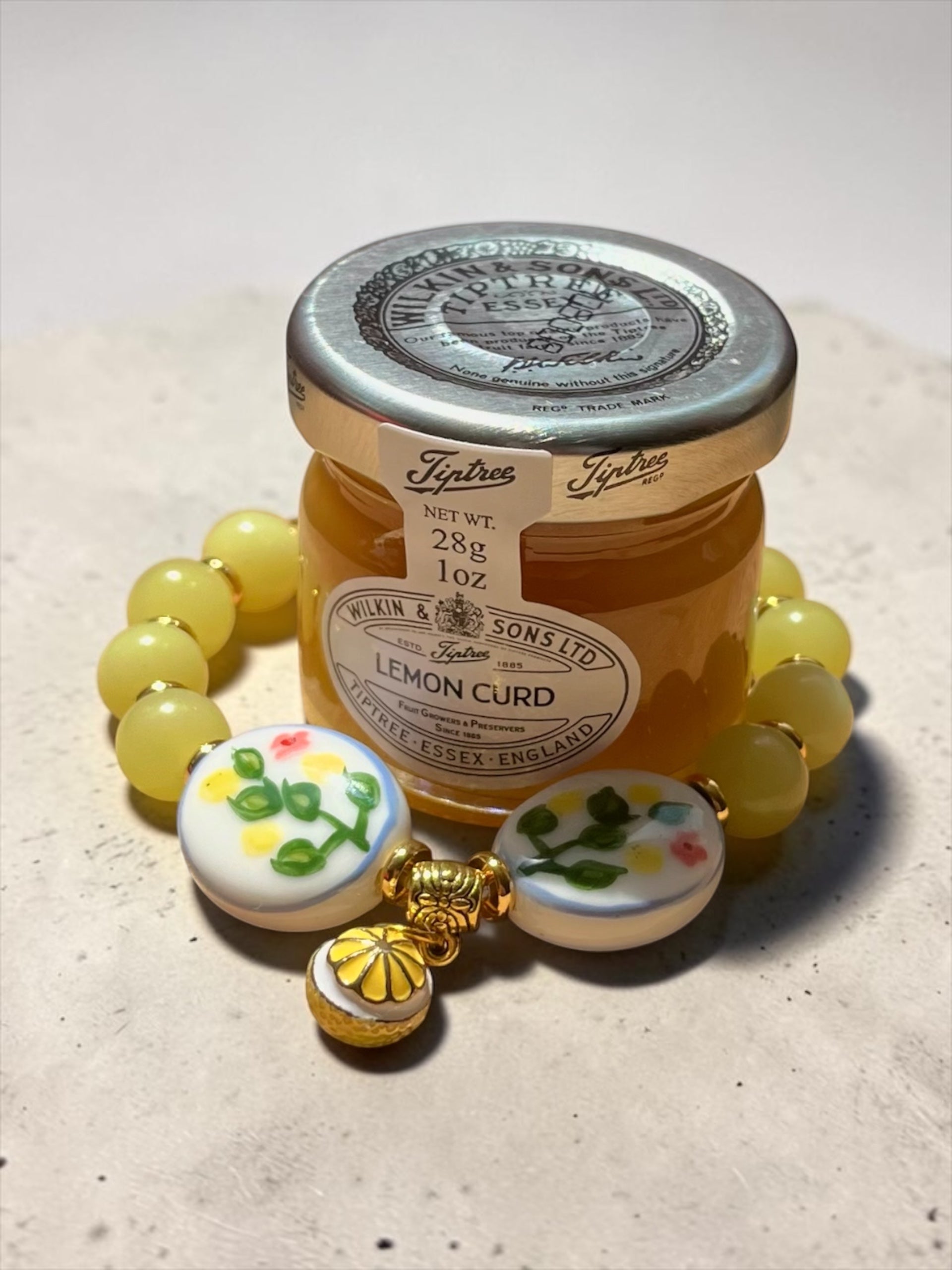 Lemon Bliss- Natural Lemon Jade & Hand-Painted Porcelain Oval Bead Bracelet with Alloy Lemon Pendant Handcrafted by Artist Kristine Keina