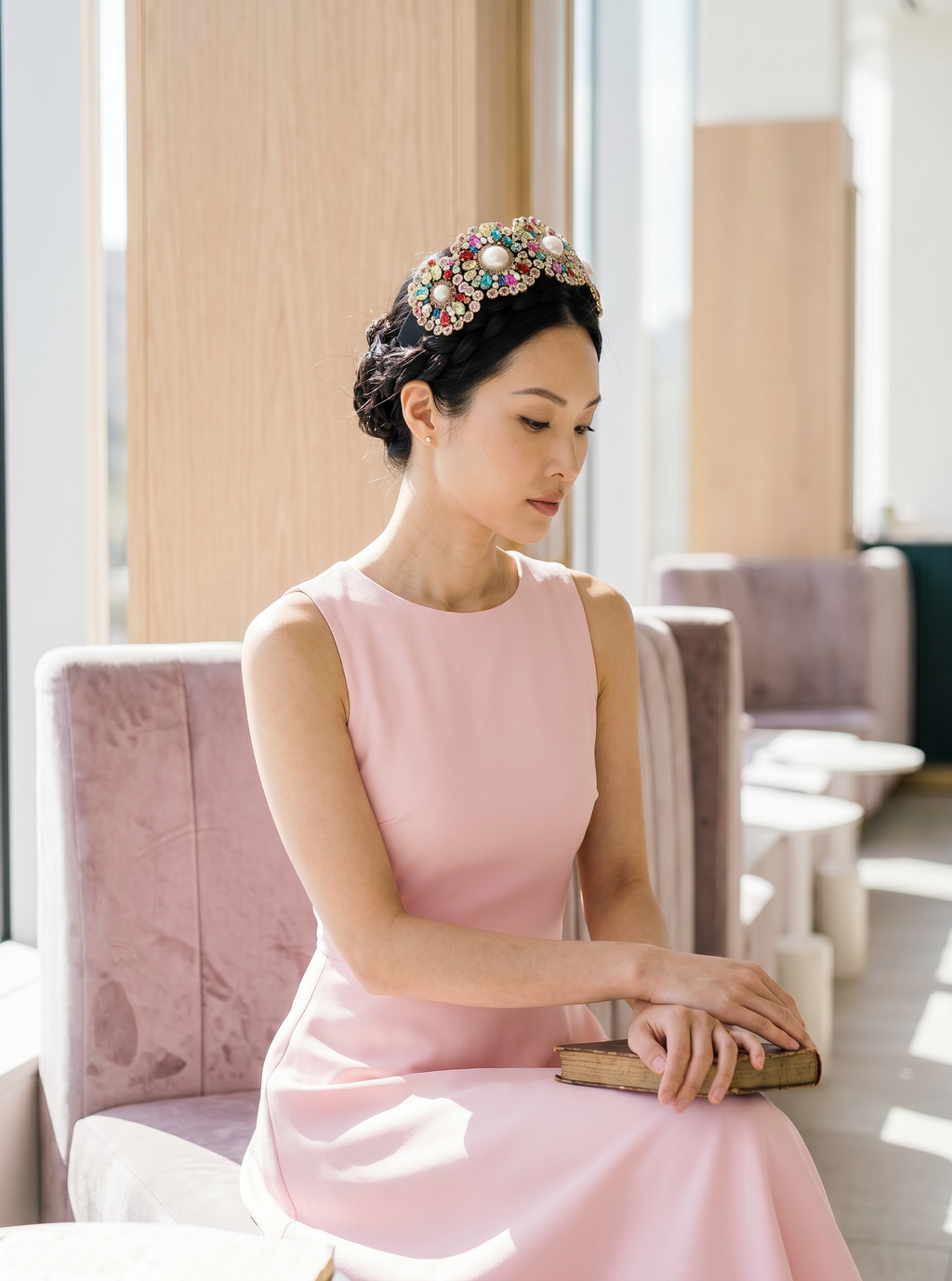 Handmade Imitation Pearl & Rhinestone Headband, Floral Embellished Wide Hair Accessory for Events