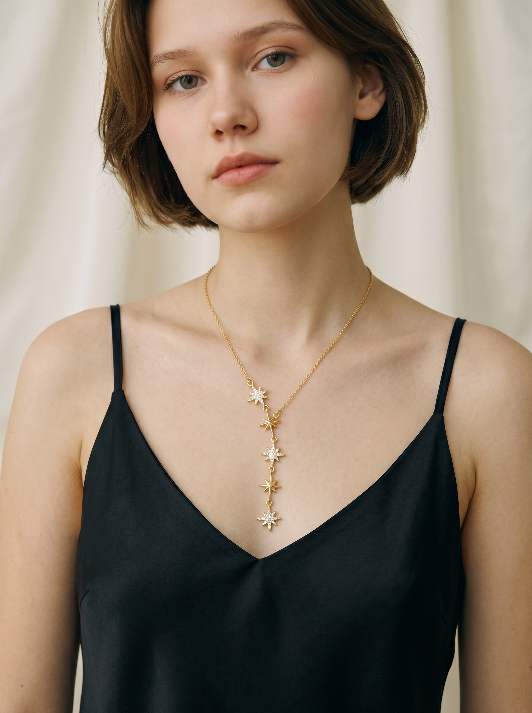 Star Lariat Necklace – Stainless Steel, Gold Plated, Zirconia
