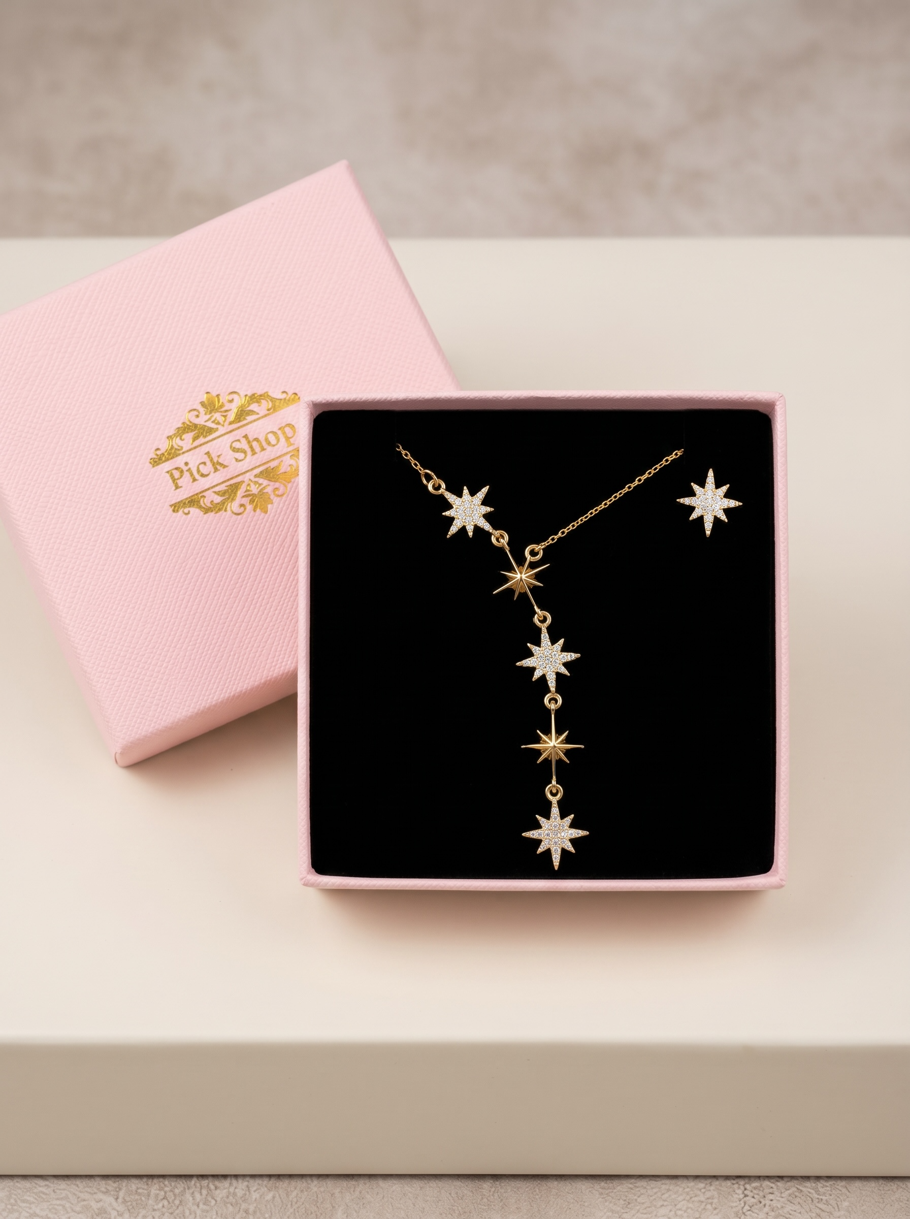 Star Lariat Necklace – Stainless Steel, Gold Plated, Zirconia