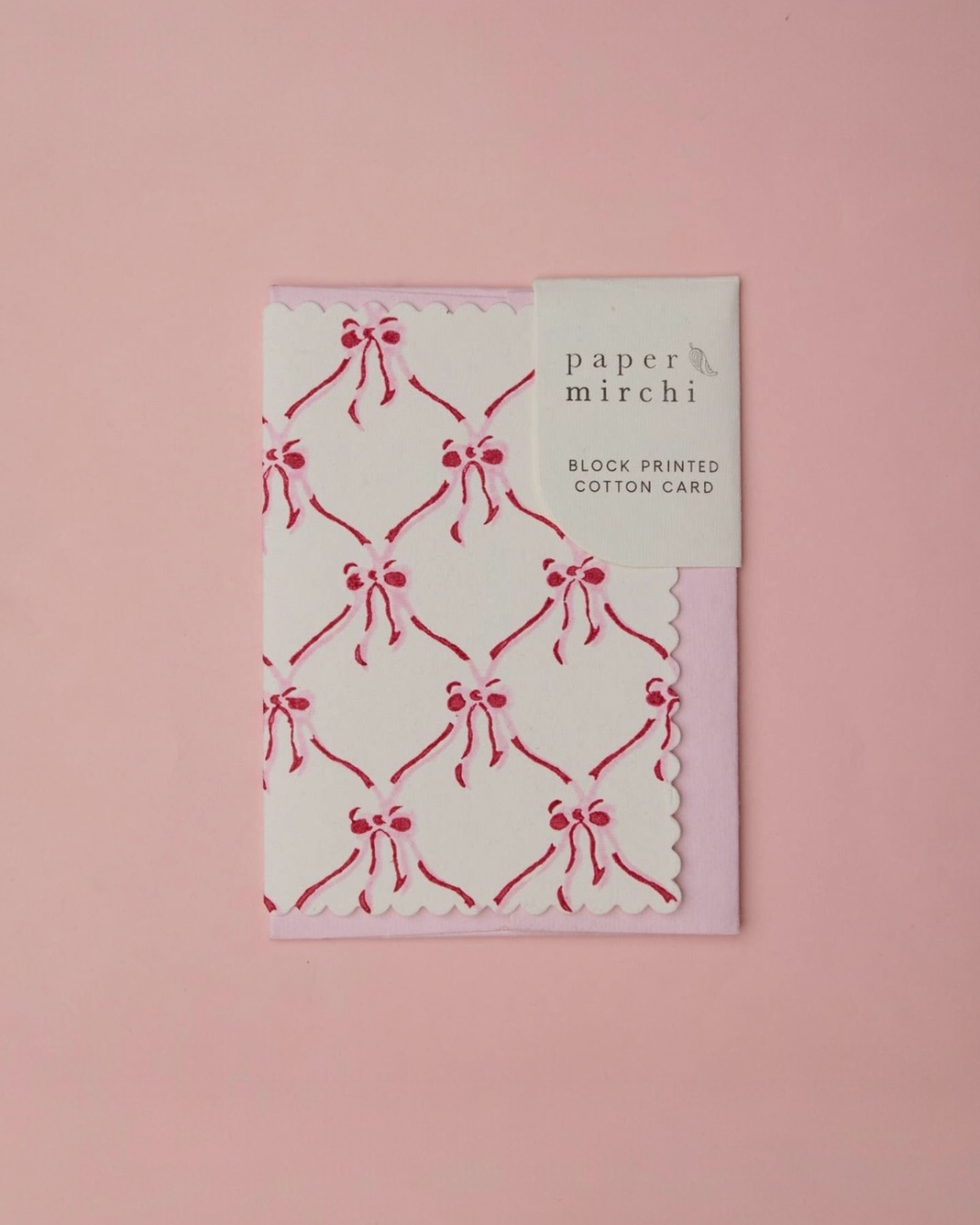 Block Printed Greeting Card- Bows Pink Sorbet by Paper Mirchi