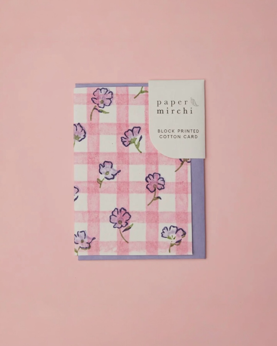 Block Printed Greeting Card- Gingham Violet Meringue by Paper Mirchi