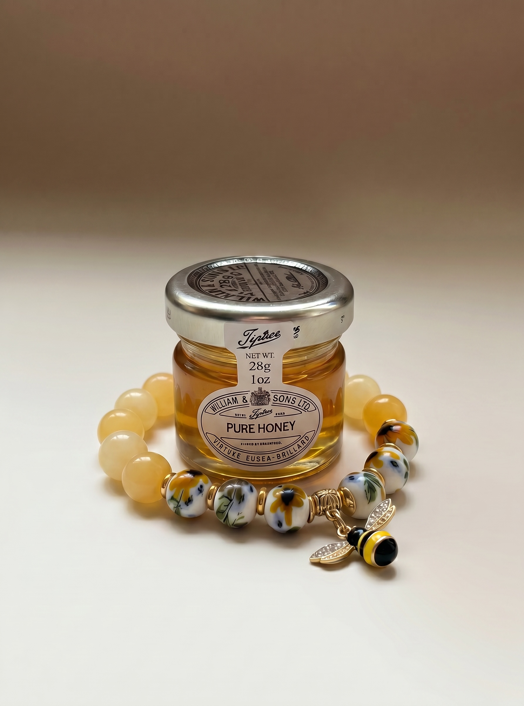 Honey Bee- Natural Premium Yellow Jade Sunflower Porcelain Bead Bee Pendant Stretch Bracelet – Handcrafted by Artist Kristine Keina