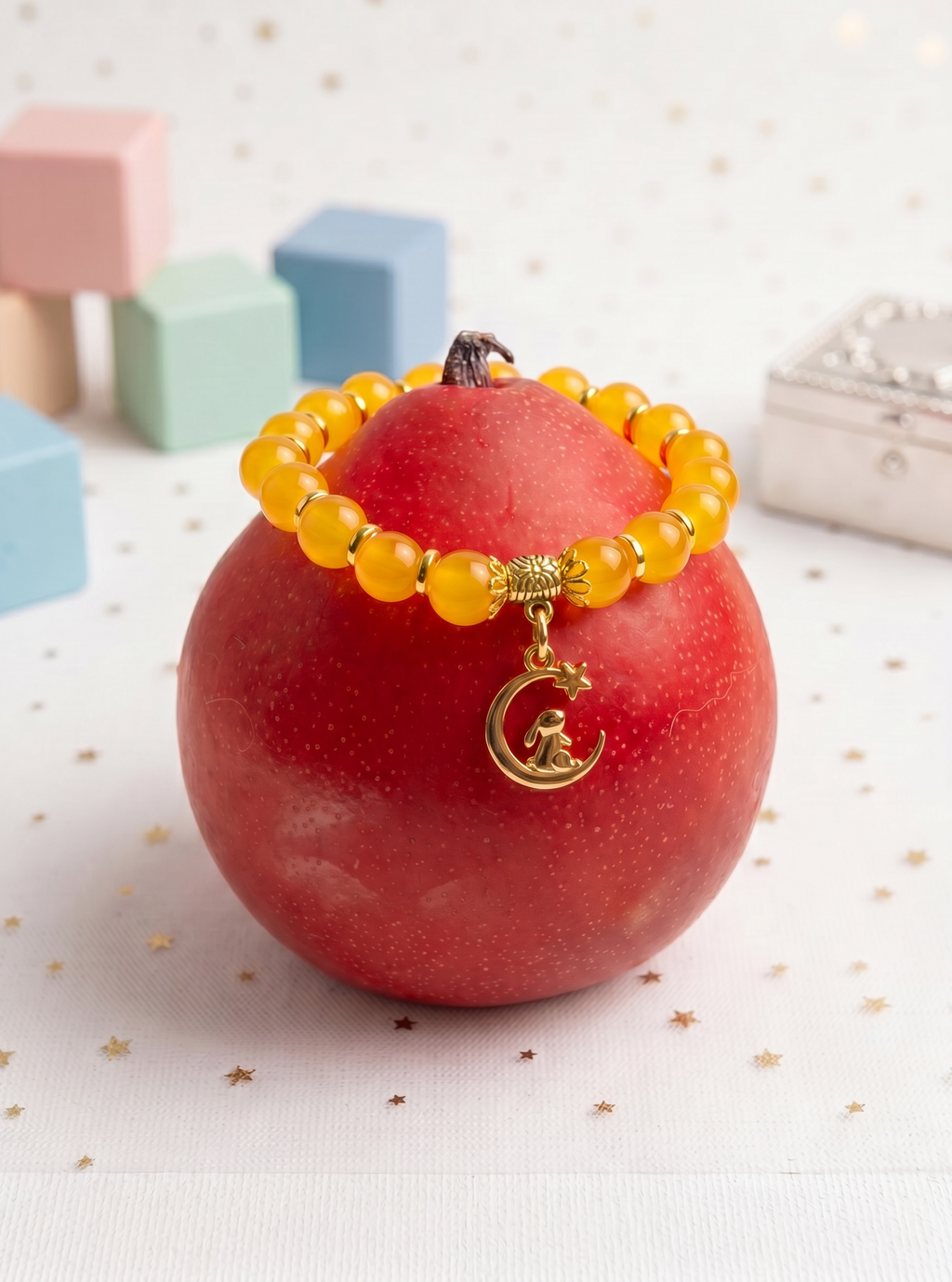 Moon & Bunny Yellow Bead Alloy Charm Bracelet – Two Children’s Sizes, Handcrafted by Artist Kristine Keina