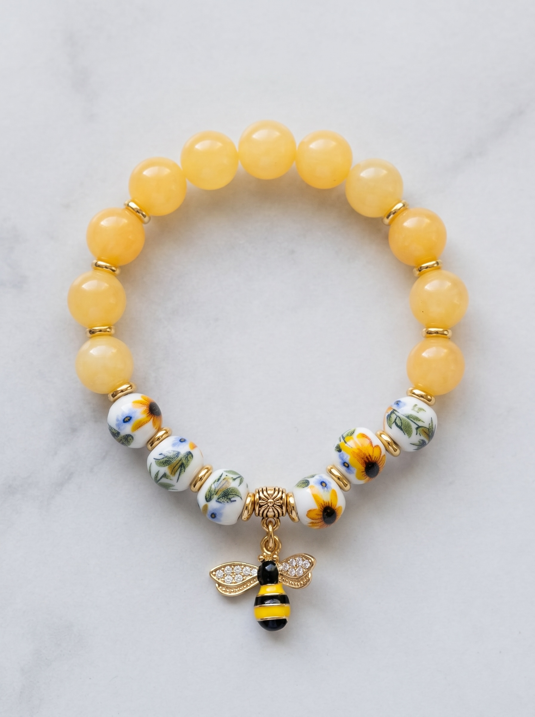 Honey Bee- Natural Premium Yellow Jade Sunflower Porcelain Bead Bee Pendant Stretch Bracelet – Handcrafted by Artist Kristine Keina