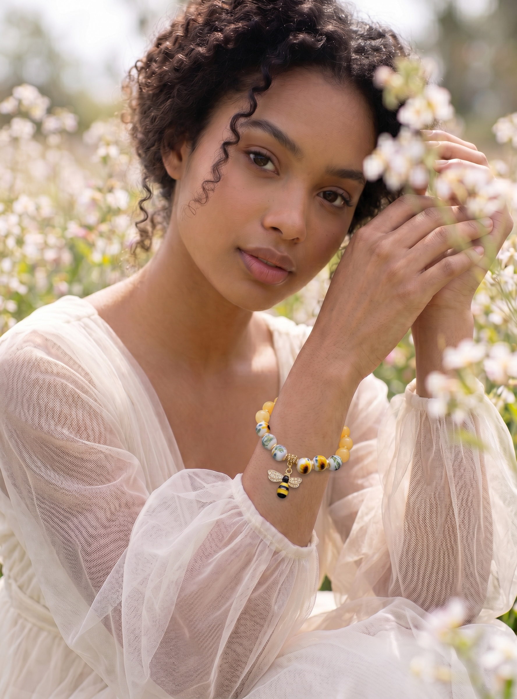 Honey Bee- Natural Premium Yellow Jade Sunflower Porcelain Bead Bee Pendant Stretch Bracelet – Handcrafted by Artist Kristine Keina
