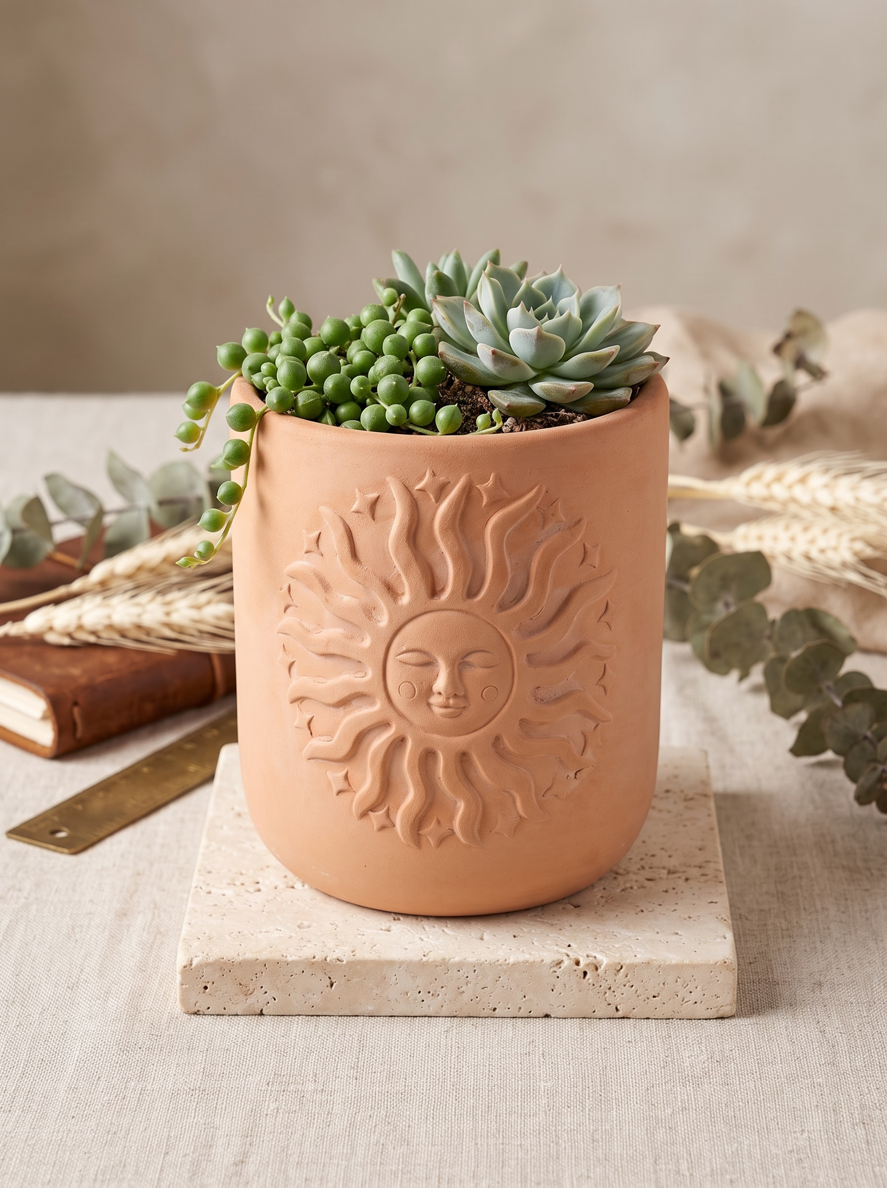 Embossed Sun Terracotta Plant Pot – Boho Golden Hour Planter