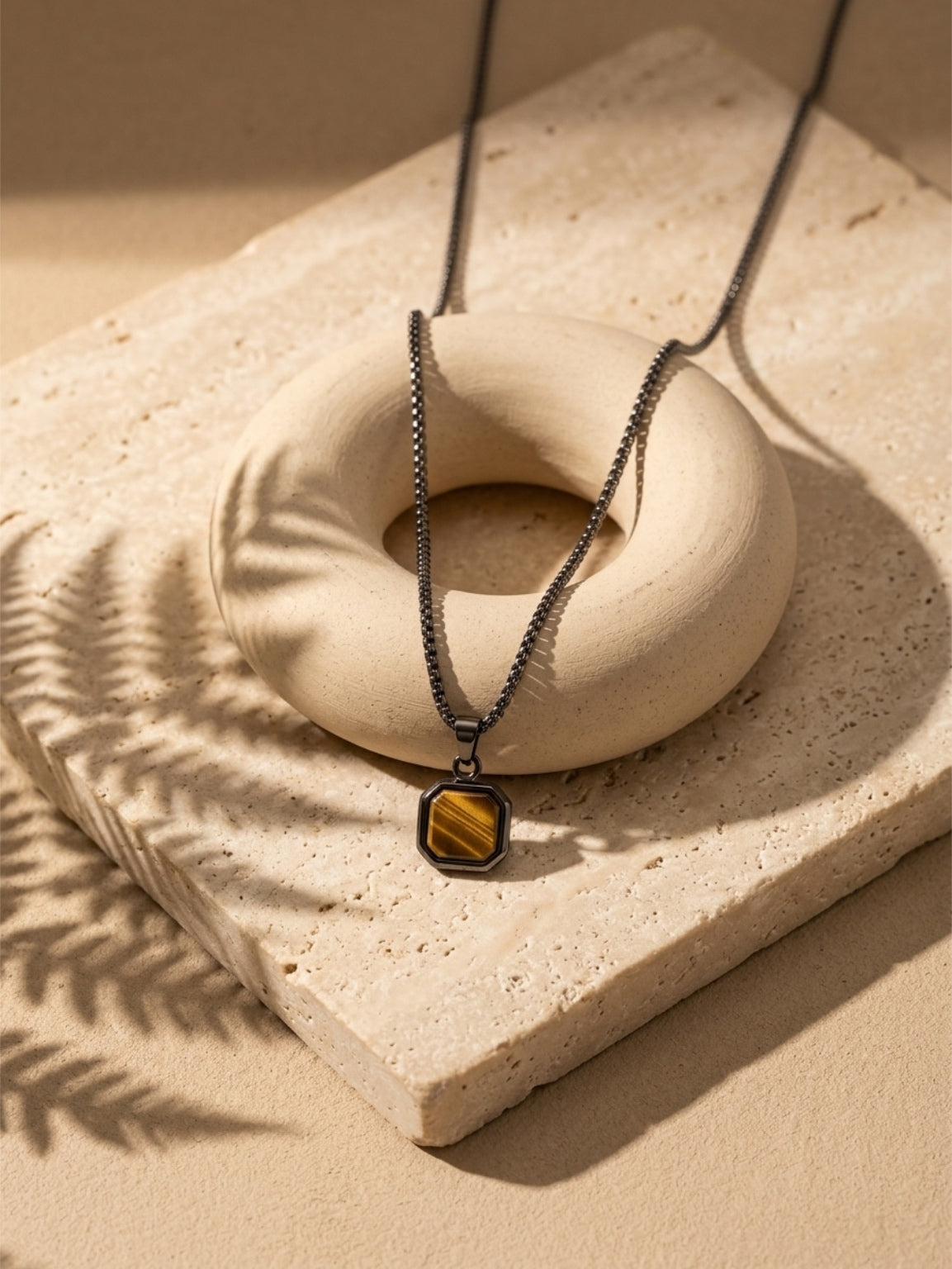 Men’s Black Stainless Steel Natural Tiger’s Eye Pendant Necklace by Pink Shop UK
