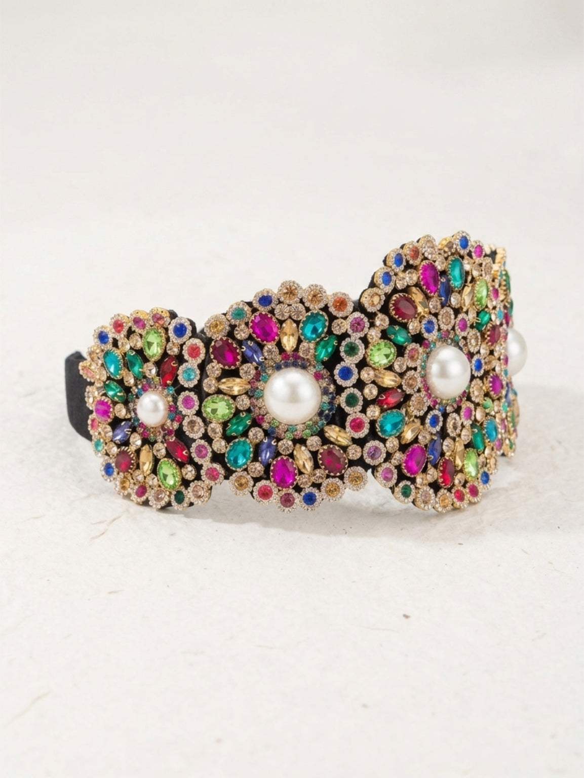 Handmade Imitation Pearl & Rhinestone Headband, Floral Embellished Wide Hair Accessory for Events