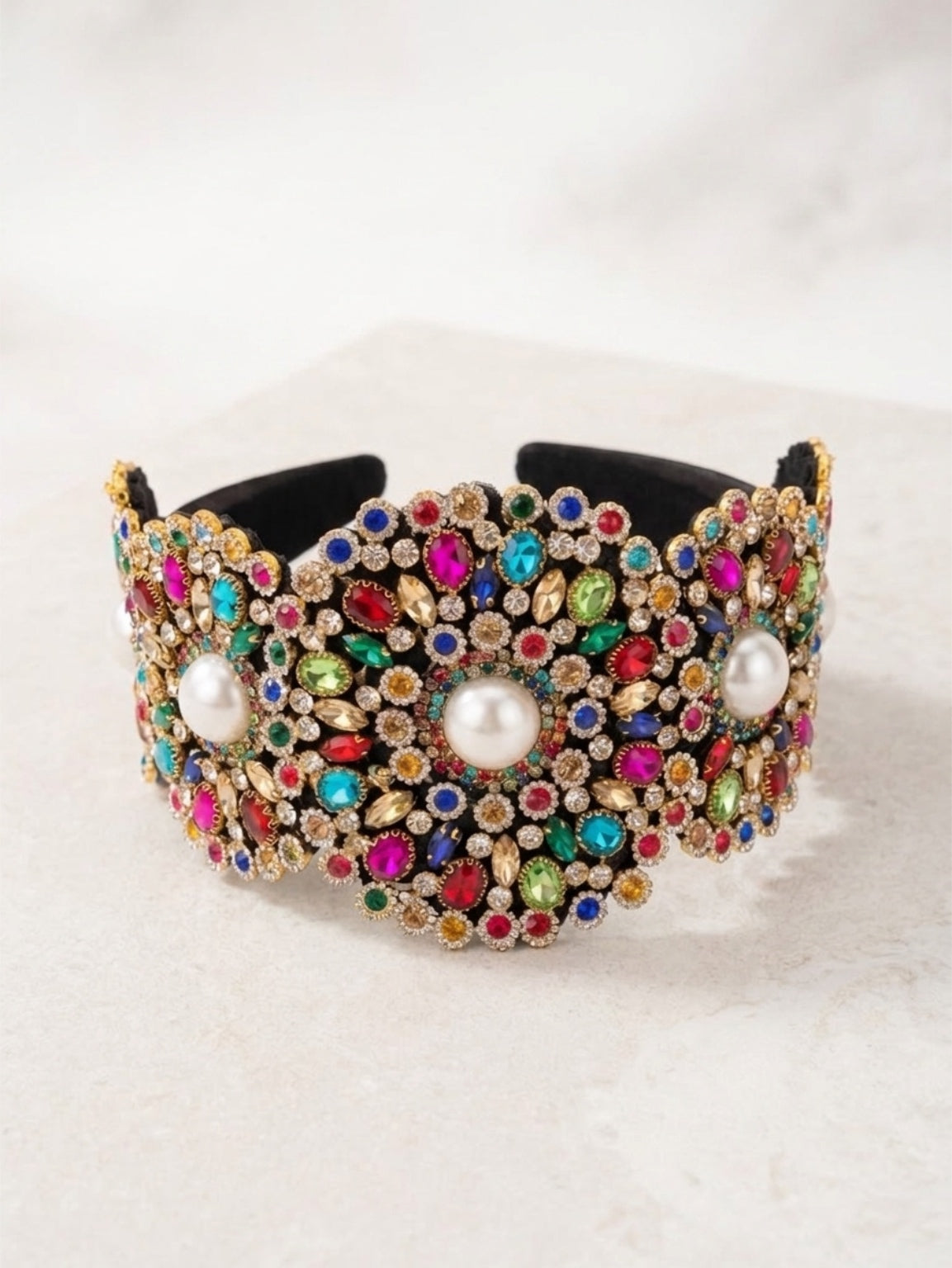 Handmade Imitation Pearl & Rhinestone Headband, Floral Embellished Wide Hair Accessory for Events