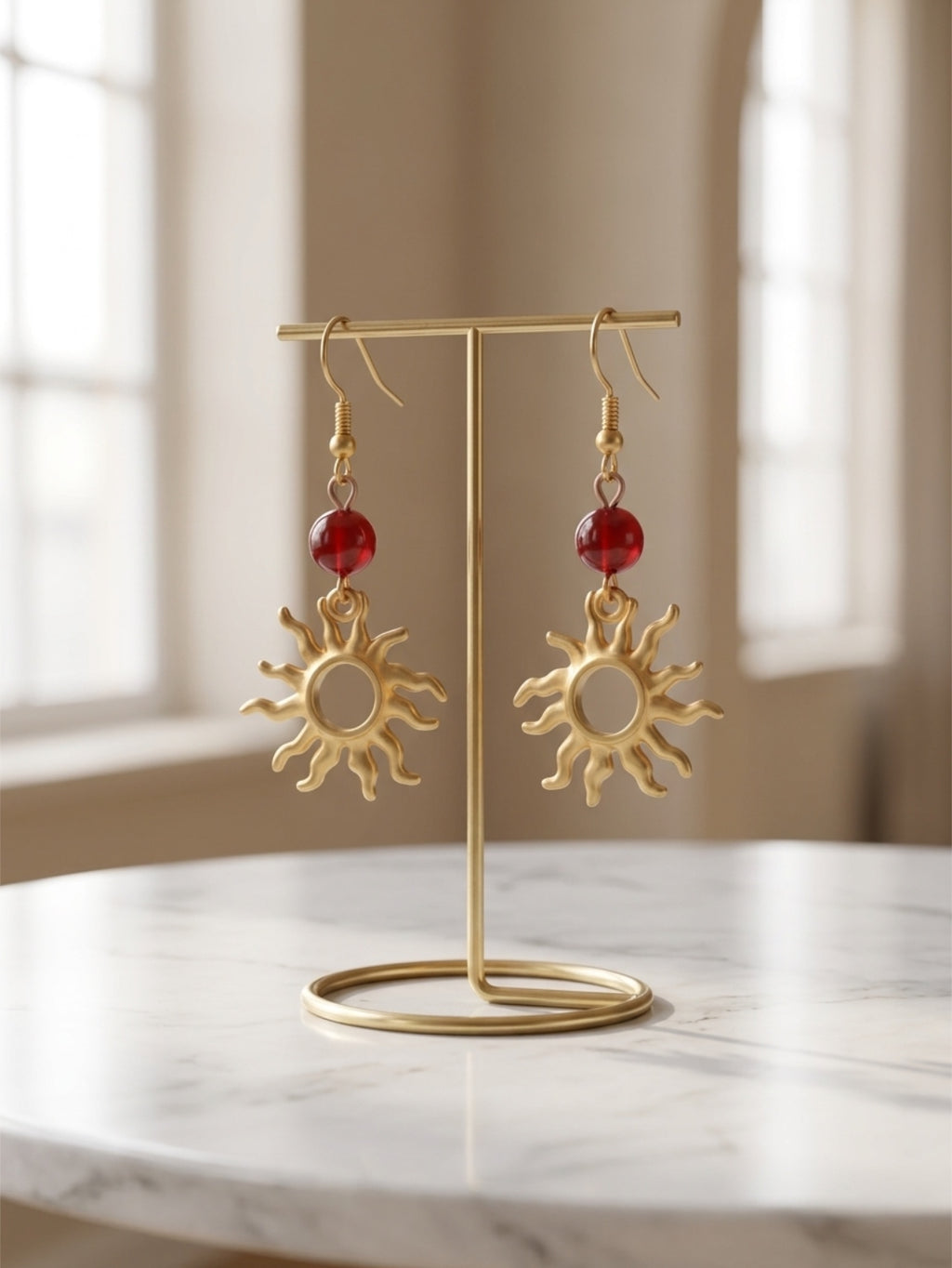 Natural Carnelian Alloy Sun Dangle Earrings by Pink Shop UK